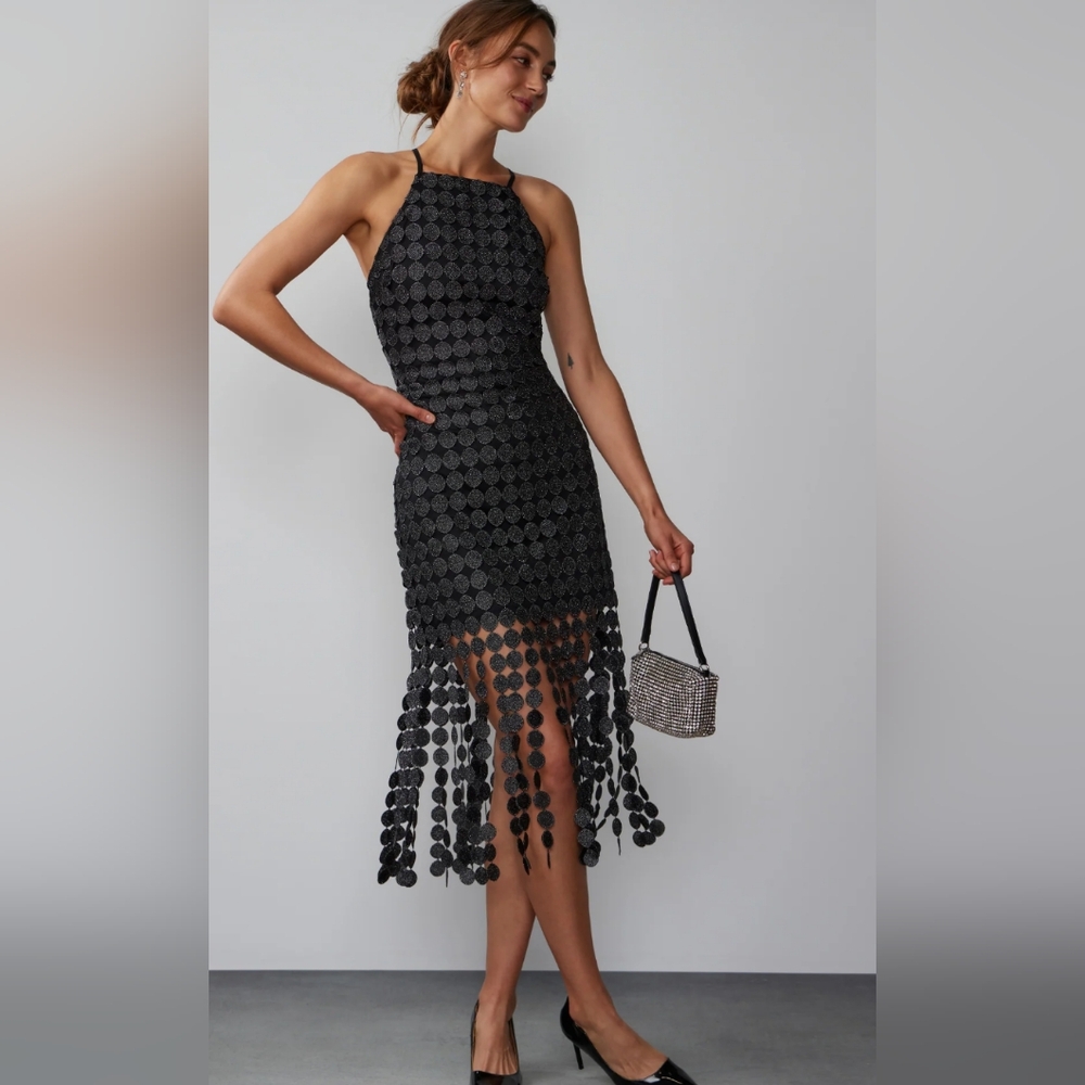 New York & Co Sleeveless Fringe Metallic Crochet Midi Dress